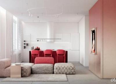 چیدمان دکور قرمز در آپارتمان مدرن با رنگ غالب سفید و طوسی
